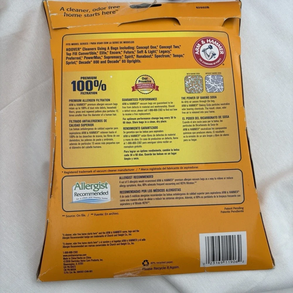 Arm‎ & Hammer Hoover Type A Vacuum Bags 2 Packages-Odor Eliminating Bags